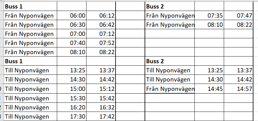 Tidtabell bussturer från och med 23 april